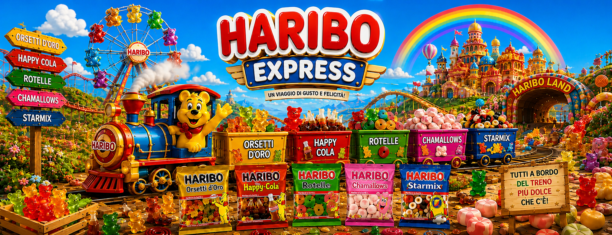 Banner Haribo Express con caramelle gommose assortite