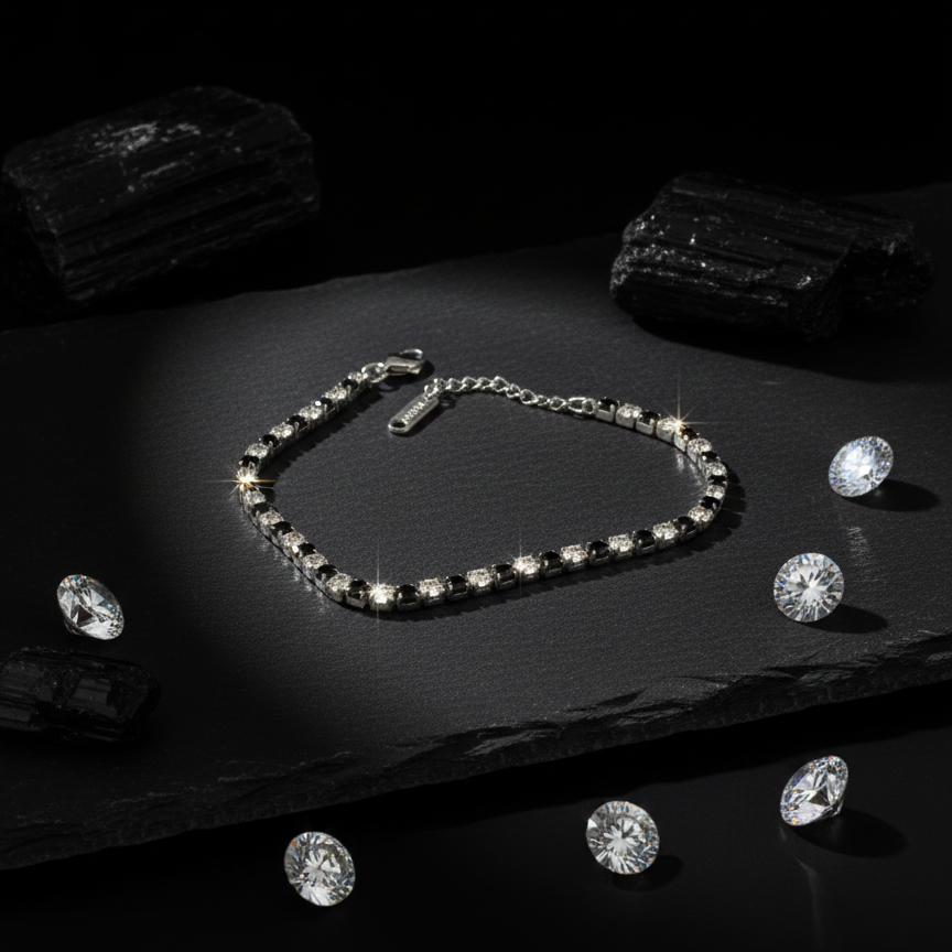Bracciale Tennis Unisex in Acciaio con Zirconi Neri e Bianchi