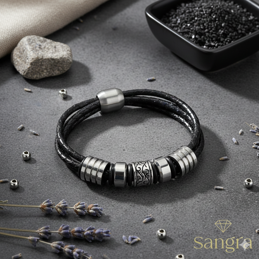 Bracciale Uomo in Pelle Nera e Acciaio Inossidabile - 20 cm