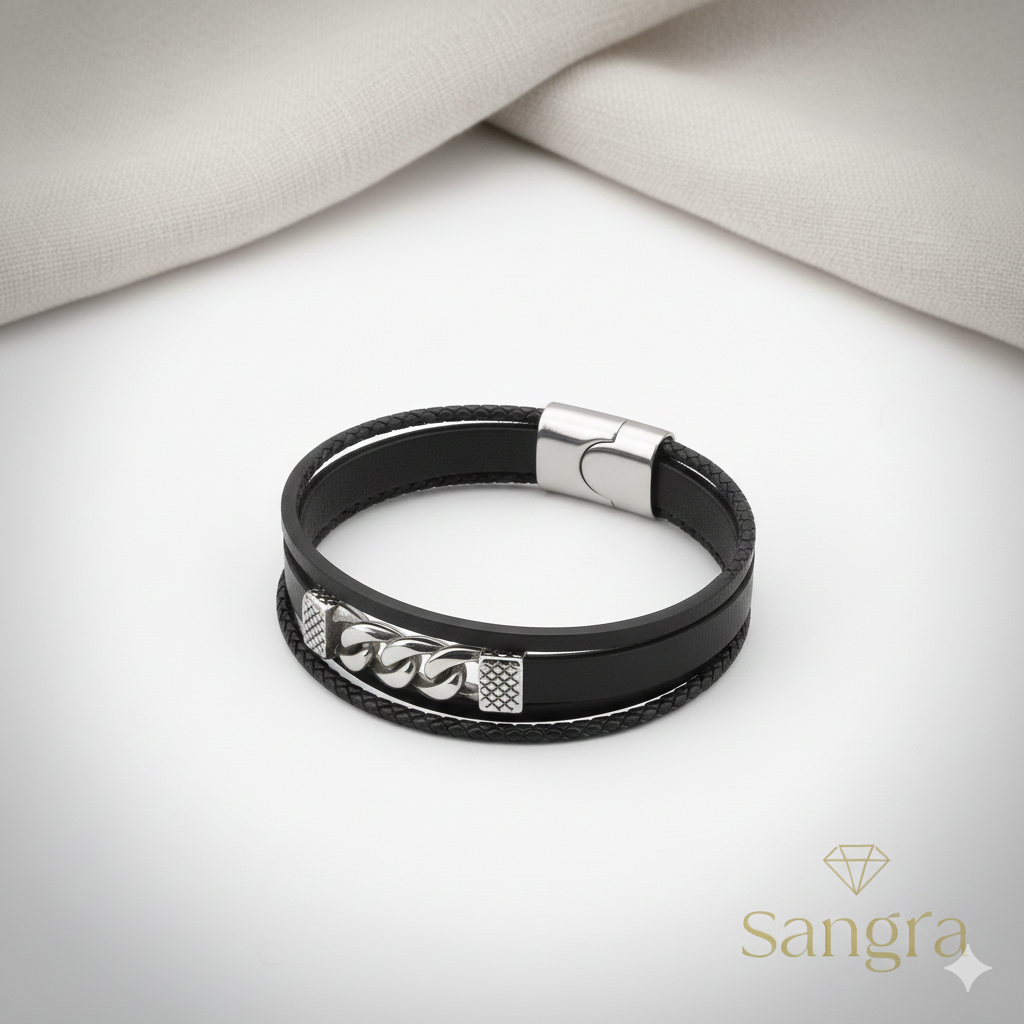 Bracciale Uomo Pelle Nera e Acciaio - Chiusura Incastro Catena Cubana