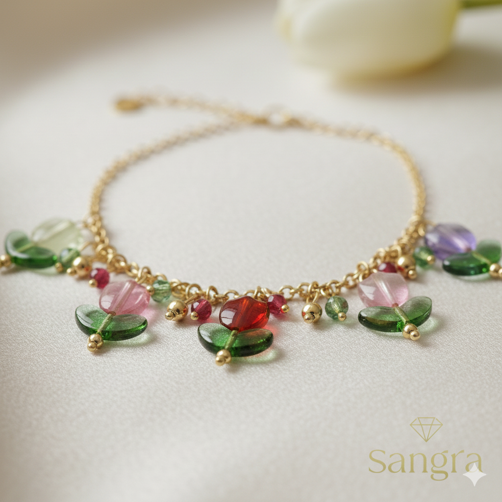 Bracciale Donna a Catena in Oro Giallo con Ciondoli Tulipano in Pietre Preziose Multicolore