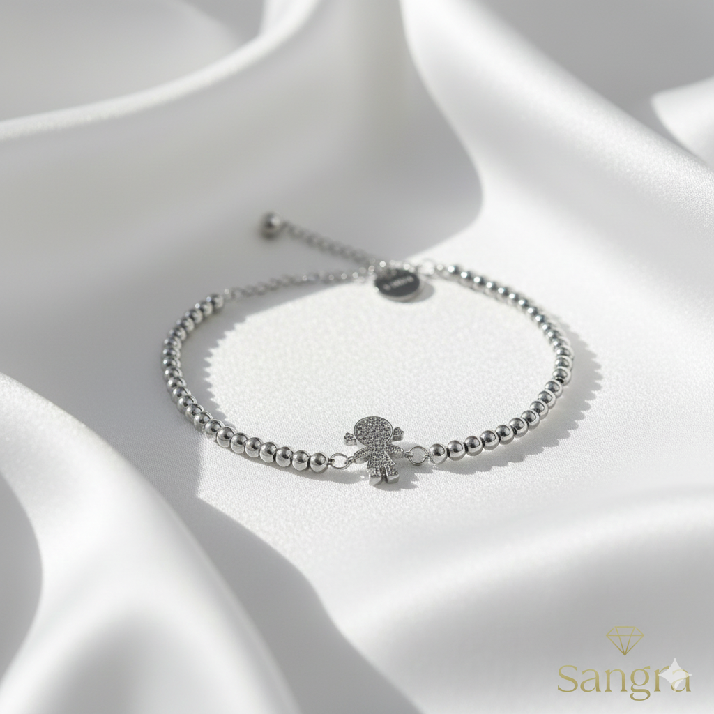 Bracciale Donna SANGRA in Acciaio Inossidabile con Ciondolo Bimba e Zirconi