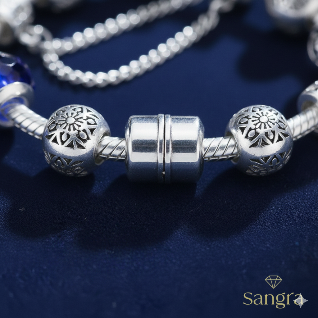 Bracciale Componibile Catena Snake in Argento 925 con Charm Scarpa col Tacco Cuore e Vetro Blu Murano - 19 cm