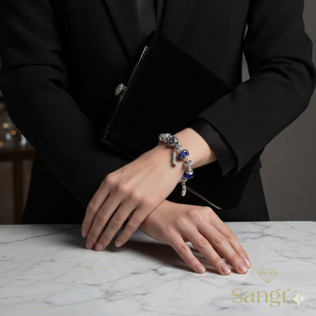 Bracciale Componibile Catena Snake in Argento 925 con Charm Scarpa col Tacco Cuore e Vetro Blu Murano - 19 cm