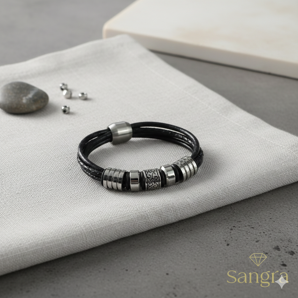 Bracciale Uomo in Pelle Nera e Acciaio Inossidabile - 20 cm