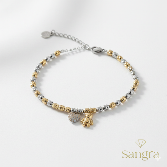 Bracciale Donna Tricolore Sfere Diamantate con Ciondolo Cuore e Orsetto