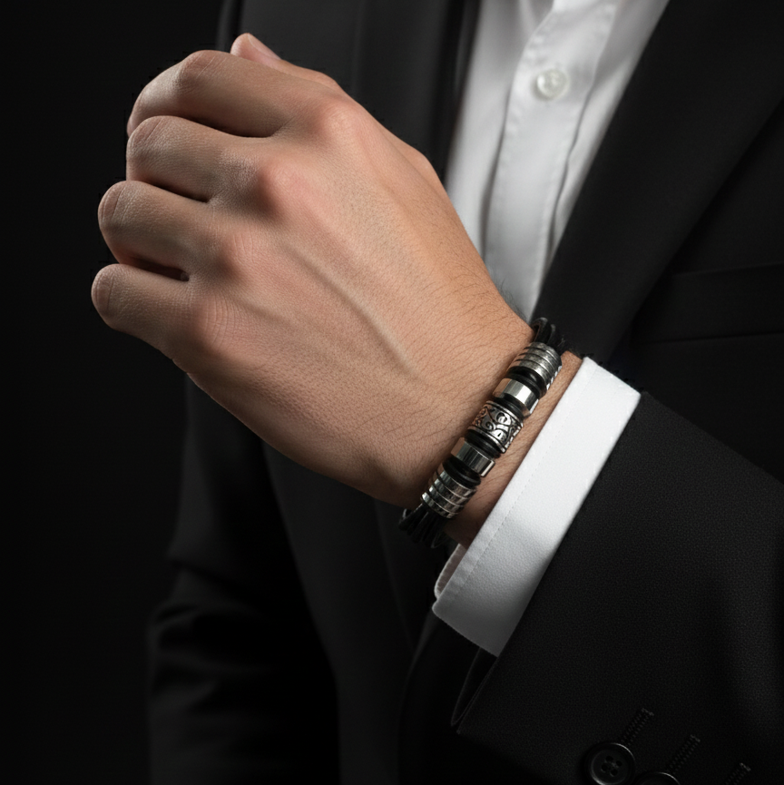 Bracciale Uomo in Pelle Nera e Acciaio Inossidabile - 20 cm