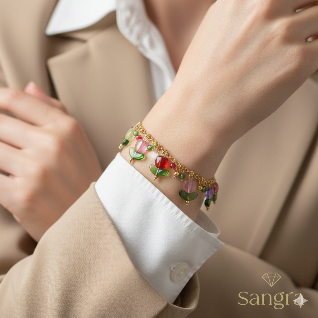 Bracciale Donna a Catena in Oro Giallo con Ciondoli Tulipano in Pietre Preziose Multicolore