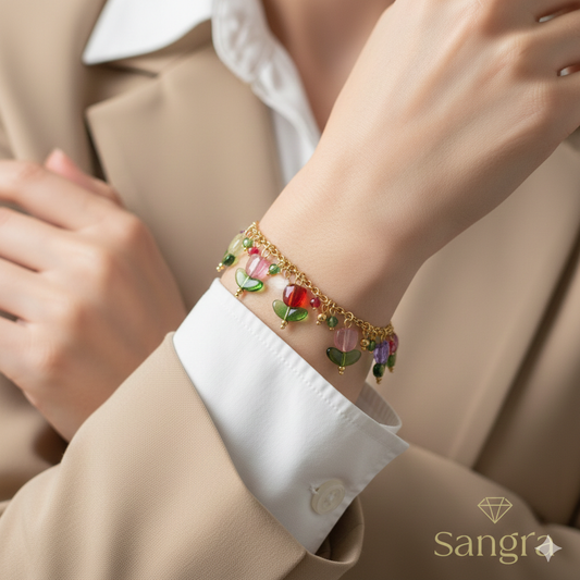 Bracciale Donna a Catena in Oro Giallo con Ciondoli Tulipano in Pietre Preziose Multicolore