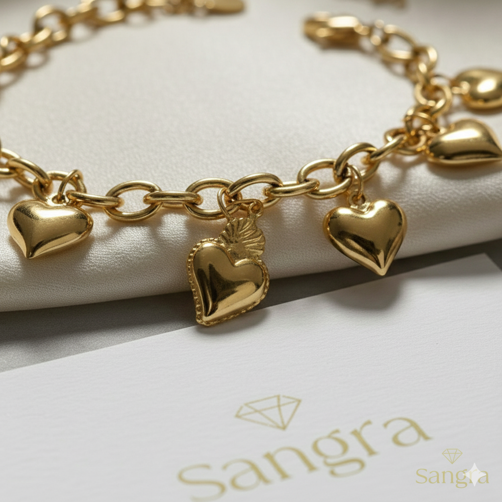 Bracciale Donna Sangra acciaio inossidabile Cuore Sacro – Catena Dorata Ex Voto 17-20 cm regolabile