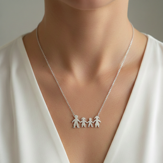 Collana Donna Famiglia in Acciaio Inossidabile - Ciondolo Silhouette Bimbi Argento