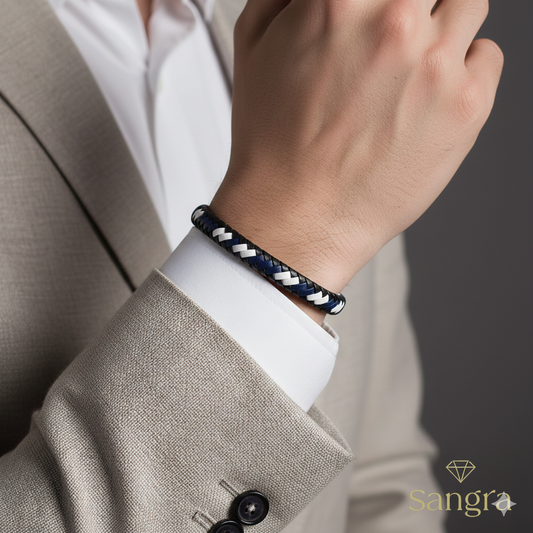 Bracciale Uomo Pelle Intrecciata Blu - Acciaio Inossidabile 20 cm