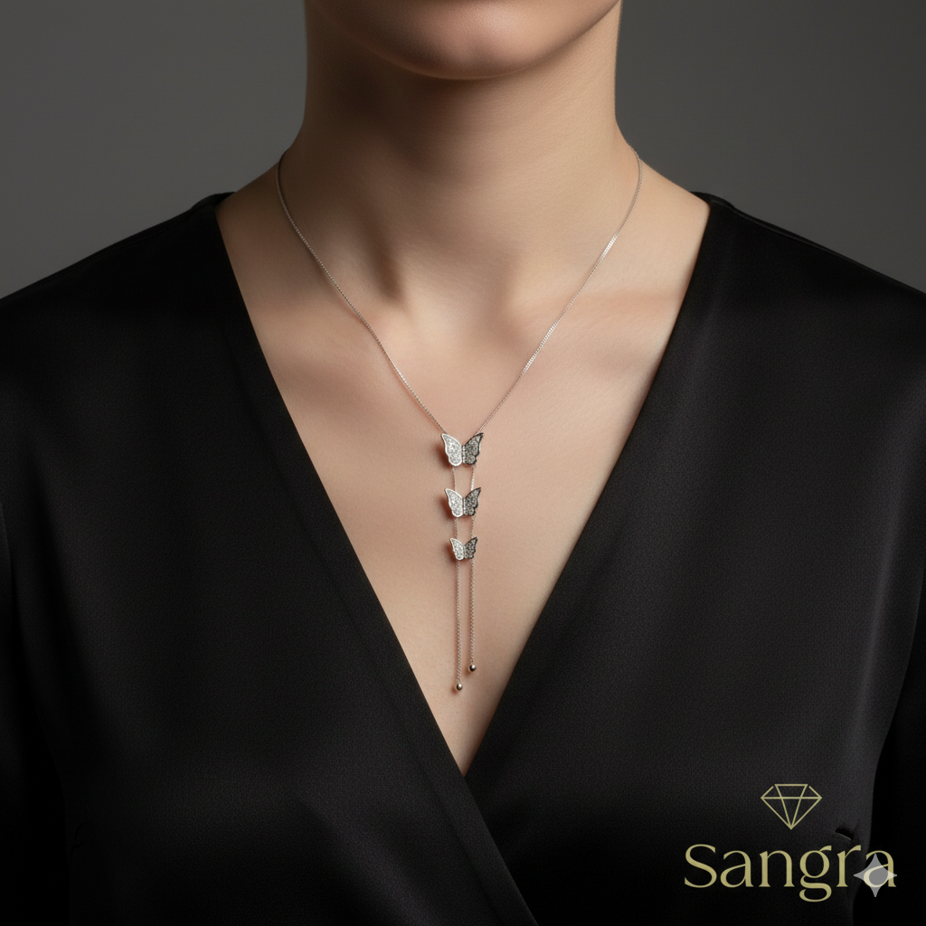 Collana Donna Acciaio Inossidabile Trilogia di Farfalle con Pavé di Zirconi