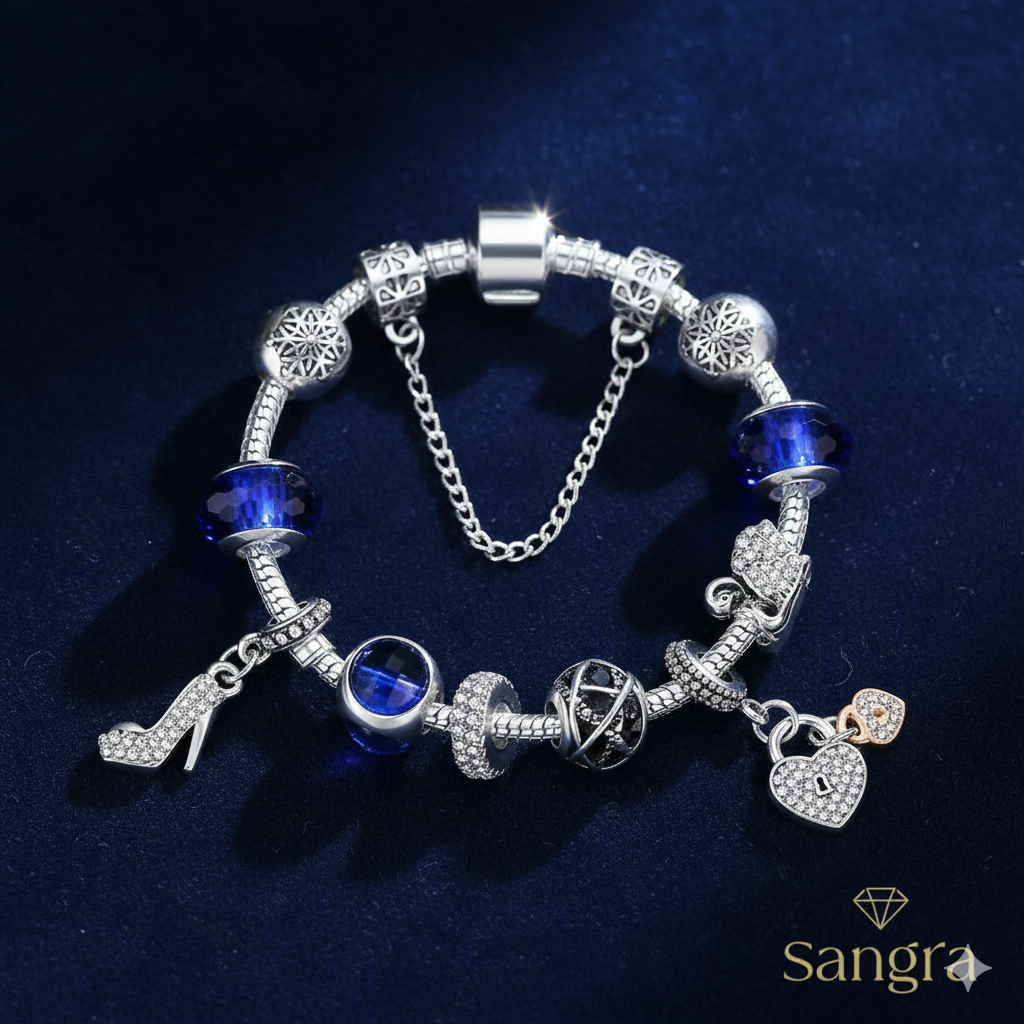 Bracciale Componibile Catena Snake in Argento 925 con Charm Scarpa col Tacco Cuore e Vetro Blu Murano - 19 cm