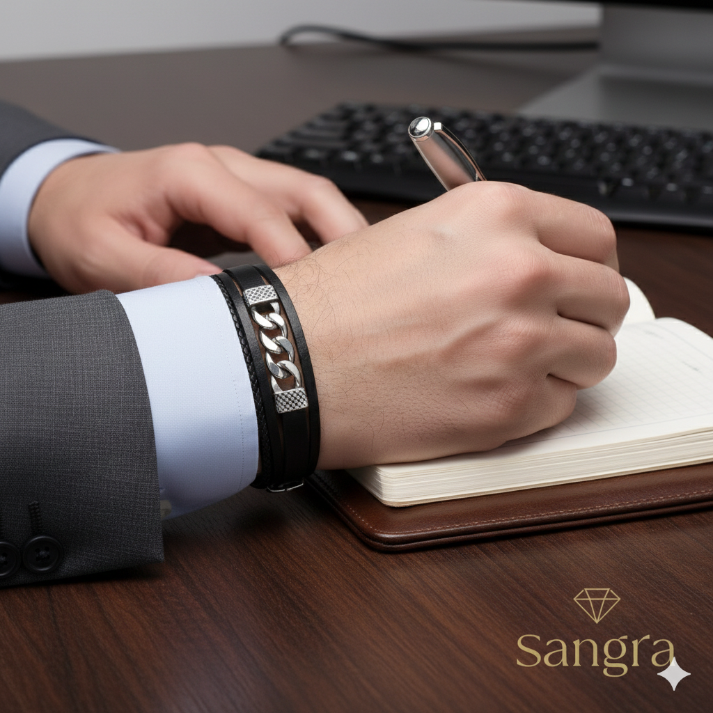 Bracciale Uomo Pelle Nera e Acciaio - Chiusura Incastro Catena Cubana