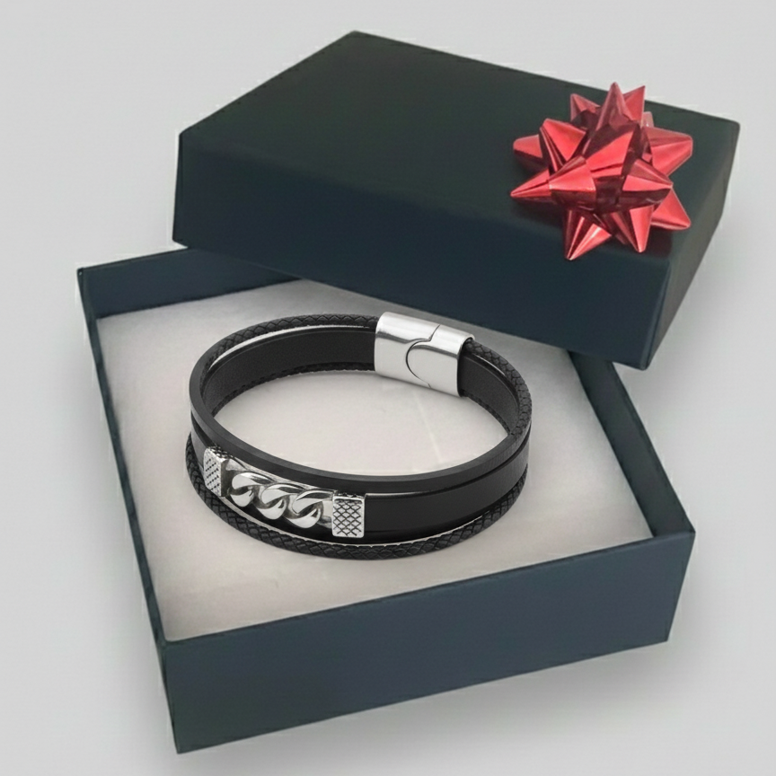 Bracciale Uomo Pelle Nera e Acciaio - Chiusura Incastro Catena Cubana