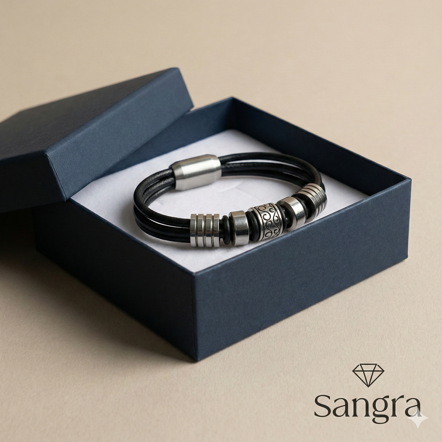 Bracciale Uomo in Pelle Nera e Acciaio Inossidabile - 20 cm