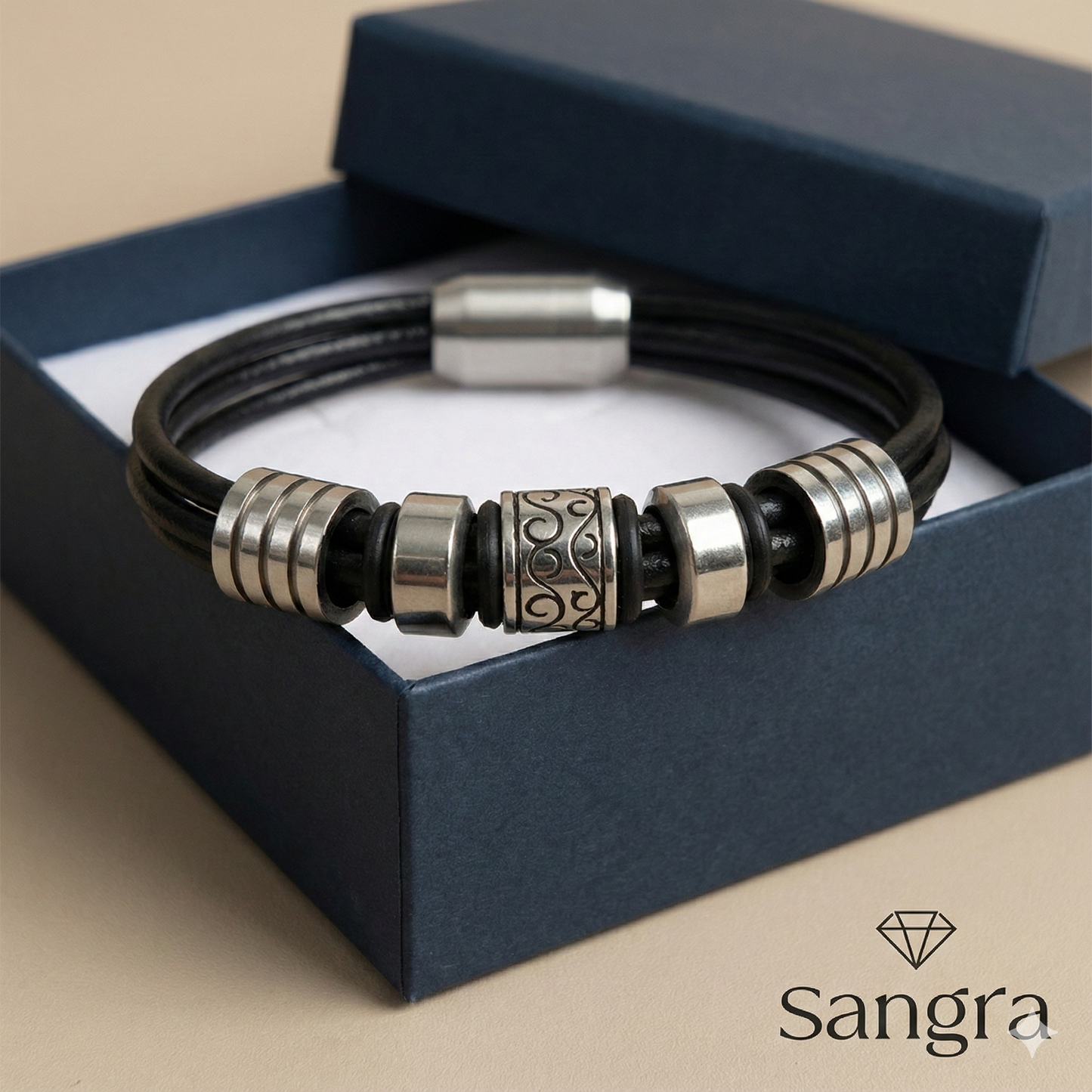 Bracciale Uomo in Pelle Nera e Acciaio Inossidabile - 20 cm