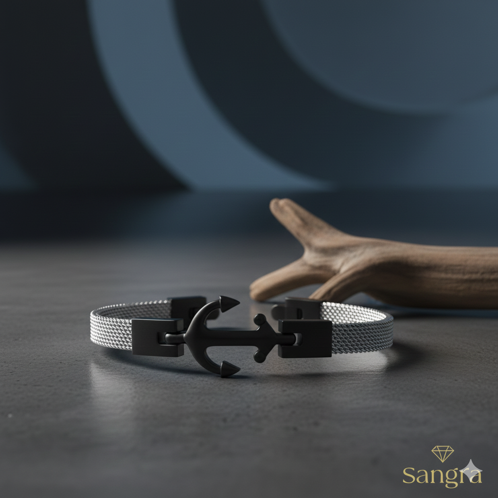 Bracciale Ancora Maglia Milanese - Acciaio Inossidabile Stile Nautico 20-21 cm