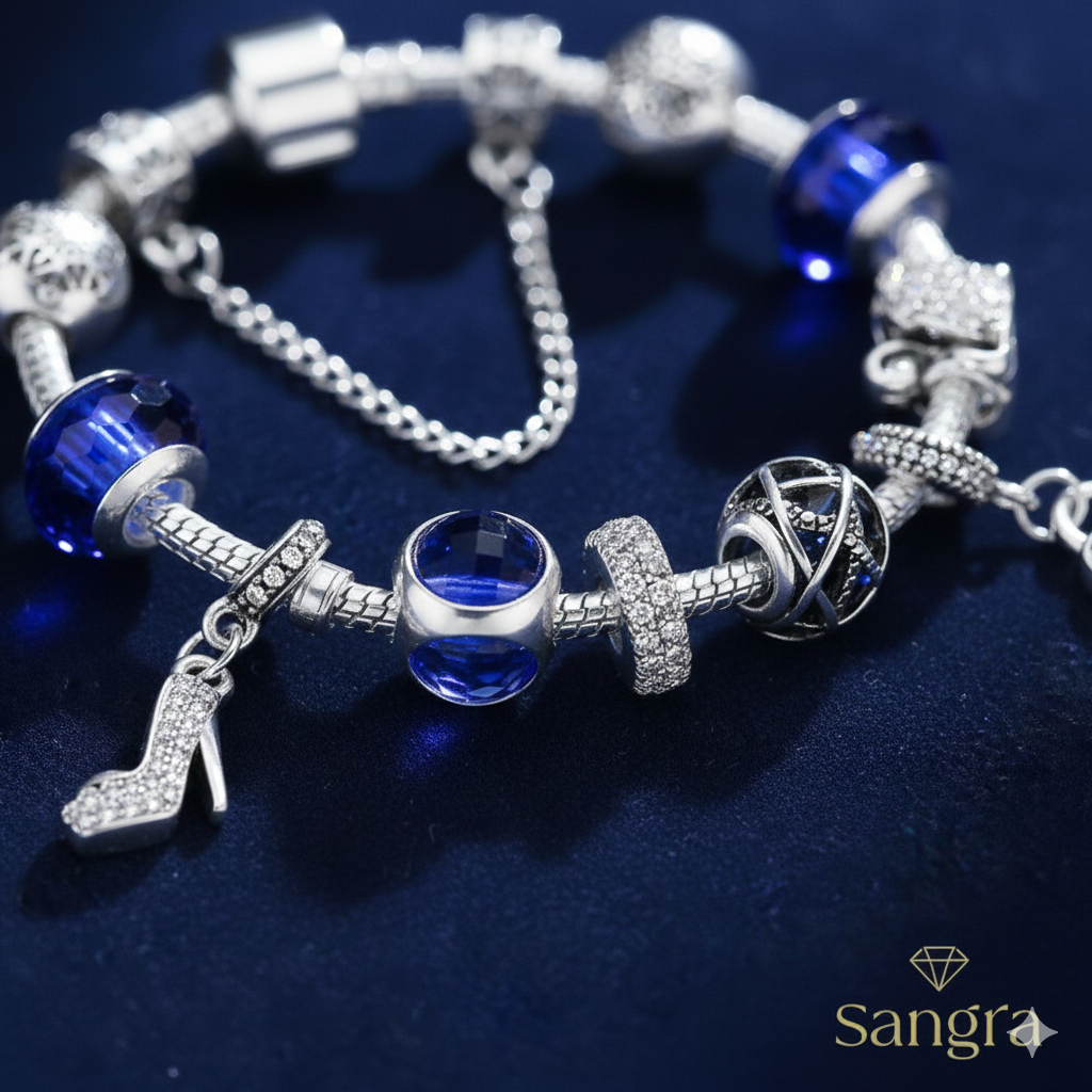 Bracciale Componibile Catena Snake in Argento 925 con Charm Scarpa col Tacco Cuore e Vetro Blu Murano - 19 cm