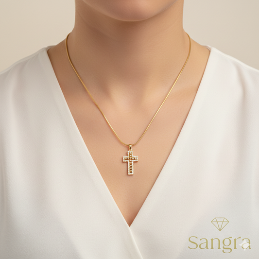 Collana Donna con Pendente a Croce in Acciaio Inossidabile e Zirconi – Design Minimal Moderno