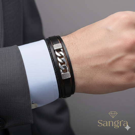 Bracciale Uomo Pelle Nera e Acciaio - Chiusura Incastro Catena Cubana