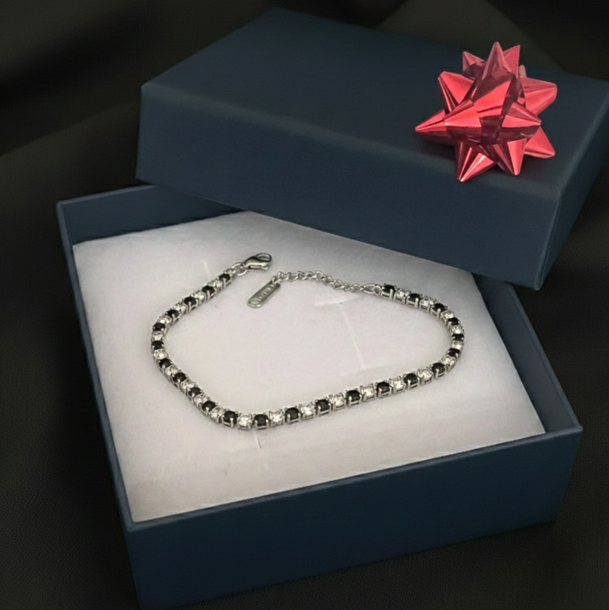 Bracciale Tennis Unisex in Acciaio con Zirconi Neri e Bianchi