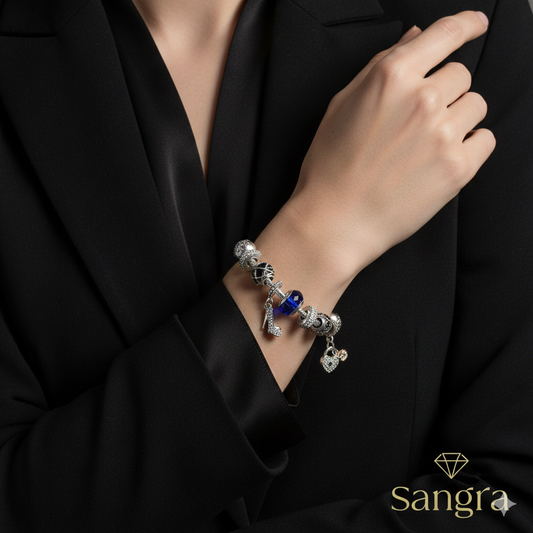 Bracciale Componibile Catena Snake in Argento 925 con Charm Scarpa col Tacco Cuore e Vetro Blu Murano - 19 cm