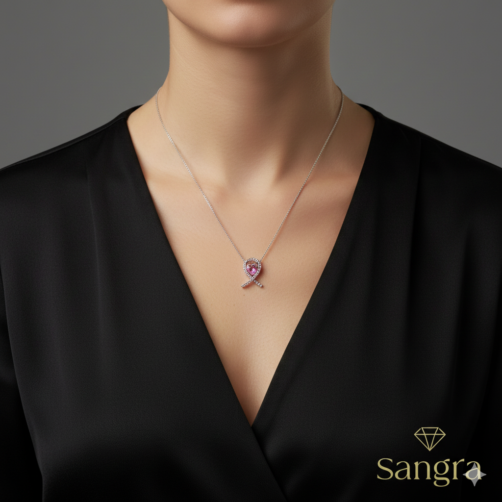 Collana Donna in Argento con Pendente Cuore Rosa e Pavé di Brillanti 42-48 cm