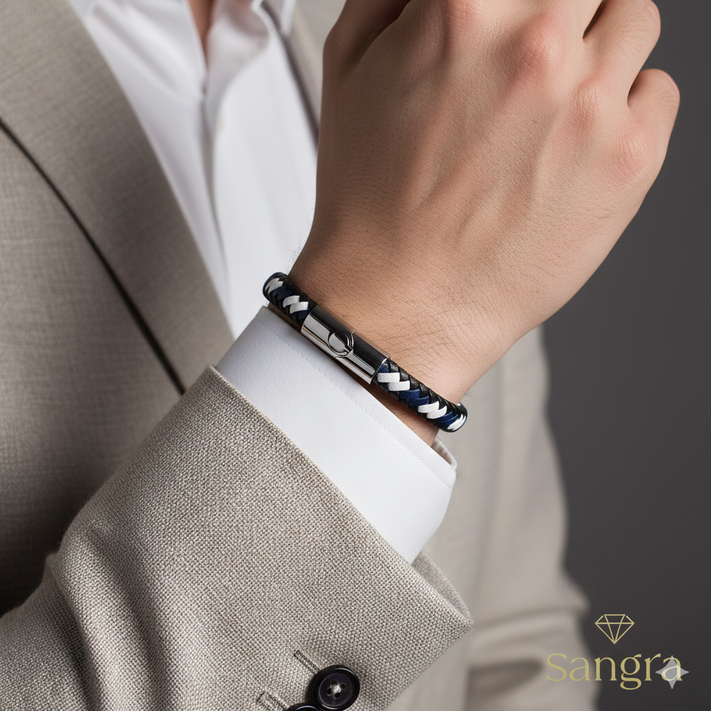 Bracciale Uomo Pelle Intrecciata Blu - Acciaio Inossidabile 20 cm