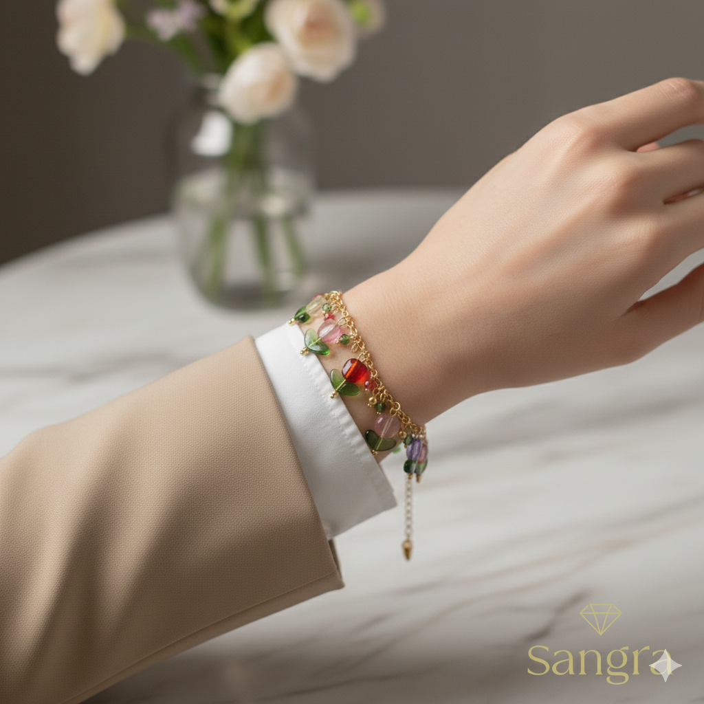 Bracciale Donna a Catena in Oro Giallo con Ciondoli Tulipano in Pietre Preziose Multicolore