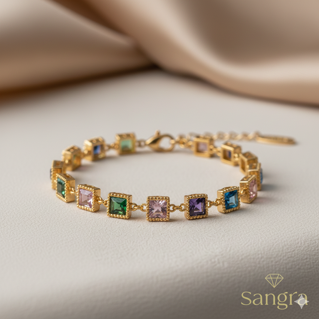 Bracciale Donna Tennis Multicolor Acciaio Gold con Cristalli Quadrati