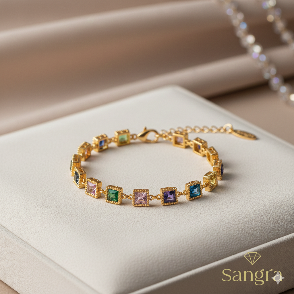 Bracciale Donna Tennis Multicolor Acciaio Gold con Cristalli Quadrati