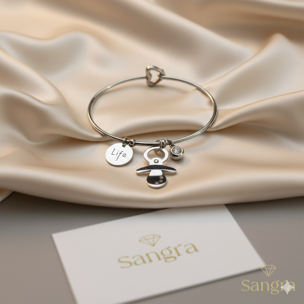 Bracciale Donna Rigido Acciaio Inossidabile con Ciondoli Ciuccio, Vita e Punto Luce