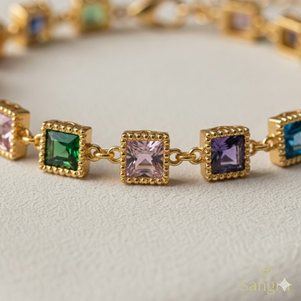 Bracciale Donna Tennis Multicolor Acciaio Gold con Cristalli Quadrati