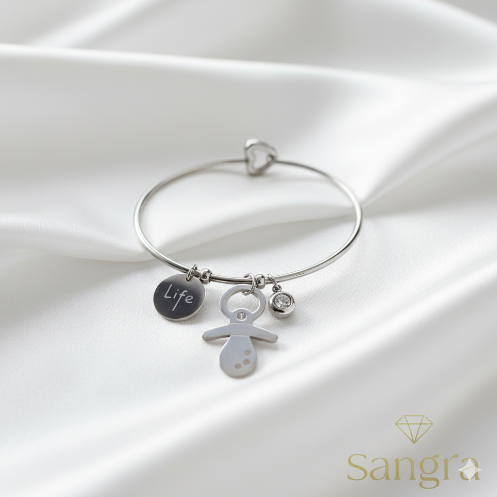 Bracciale Donna Rigido Acciaio Inossidabile con Ciondoli Ciuccio, Vita e Punto Luce