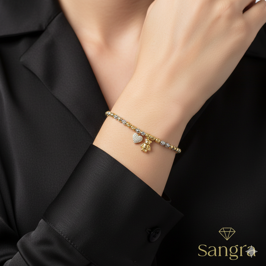 Bracciale Donna Tricolore Sfere Diamantate con Ciondolo Cuore e Orsetto