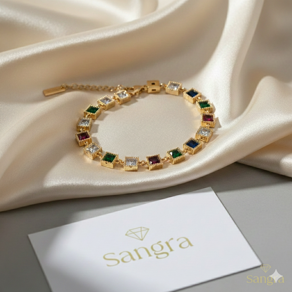 Bracciale Donna Tennis Multicolor Acciaio Gold con Cristalli Quadrati