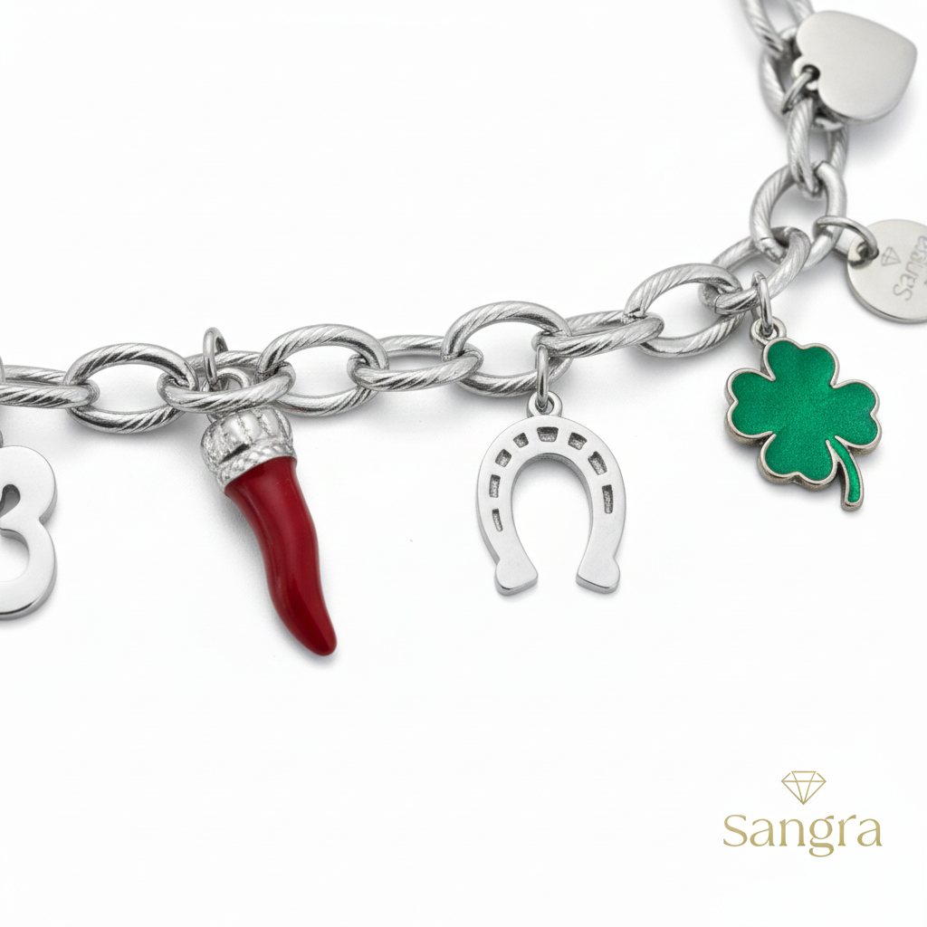 Bracciale Charm Portafortuna in Argento con Smalti e Ciondoli Tradizionali