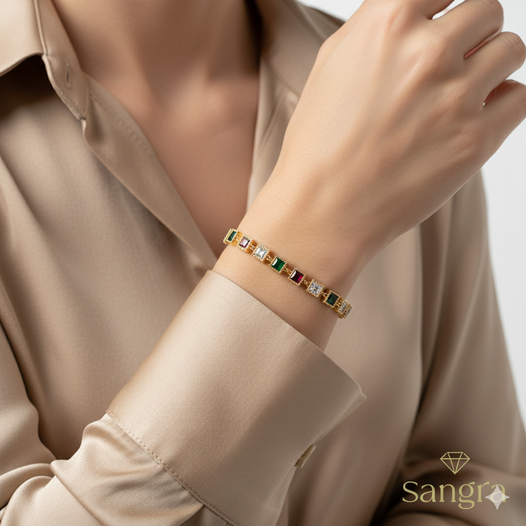 Bracciale Donna Tennis Multicolor Acciaio Gold con Cristalli Quadrati