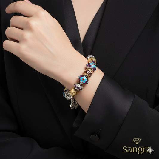 Bracciale Donna Snake Bicolore Viola e Oro con Pietre Incastonate Cuori Pendenti e Perle Floreali