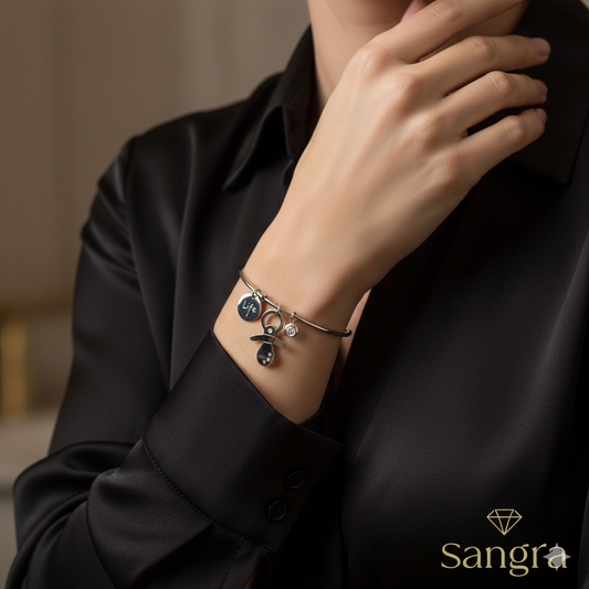 Bracciale Donna Rigido Acciaio Inossidabile con Ciondoli Ciuccio, Vita e Punto Luce