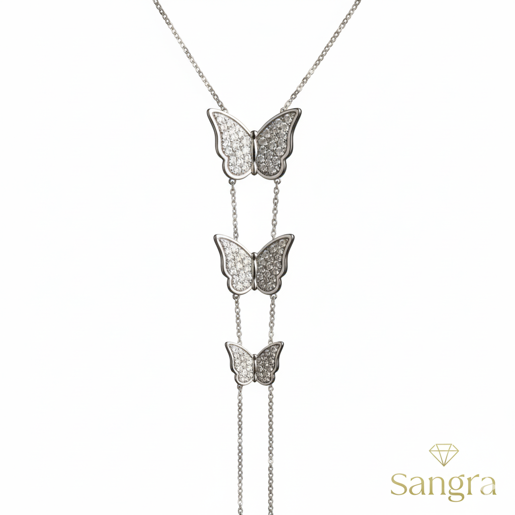 Collana Donna Acciaio Inossidabile Trilogia di Farfalle con Pavé di Zirconi