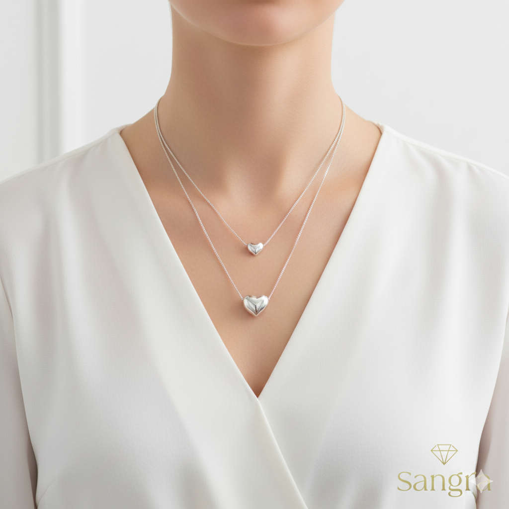 Collana Donna Doppio Cuore Bombato Acciaio Inossidabile