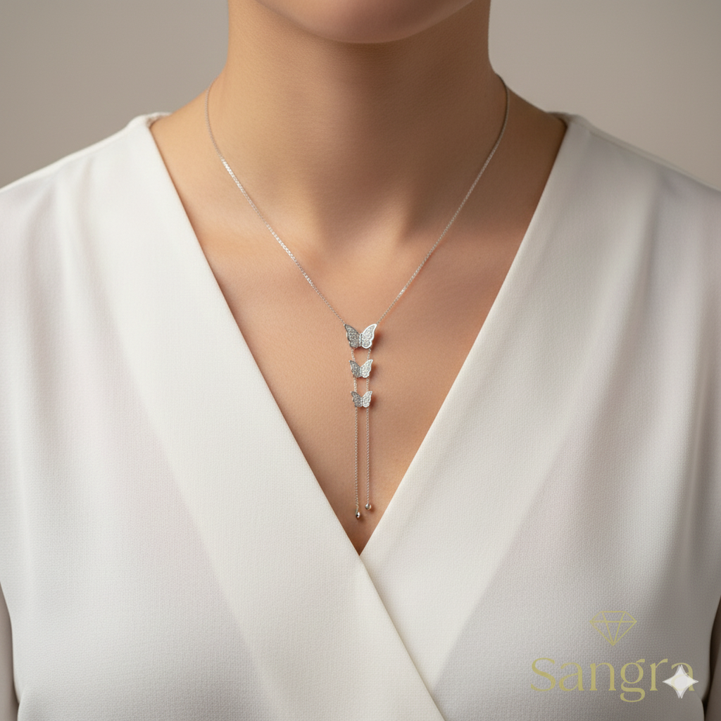 Collana Donna Acciaio Inossidabile Trilogia di Farfalle con Pavé di Zirconi