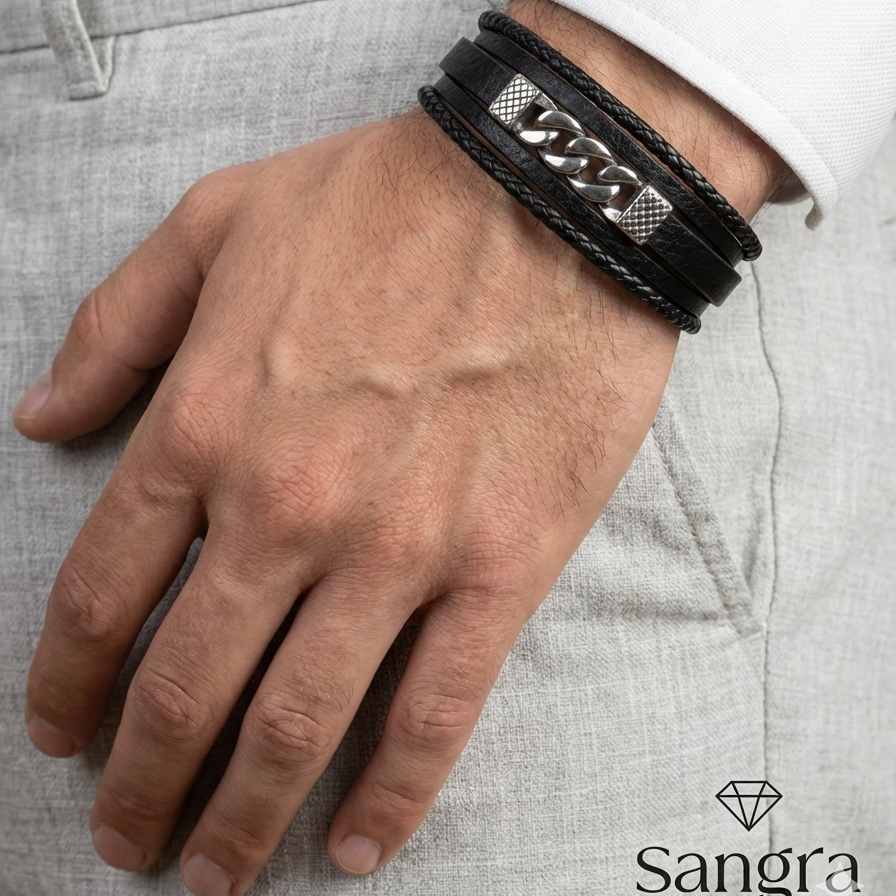 Bracciale Uomo Pelle Nera e Acciaio - Chiusura Incastro Catena Cubana