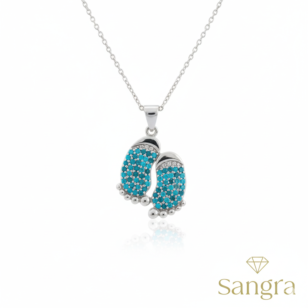 Collana Piedini Acciaio Inossidabile con Pavé di Strass Azzurri – Regalo Nascita e Maternità