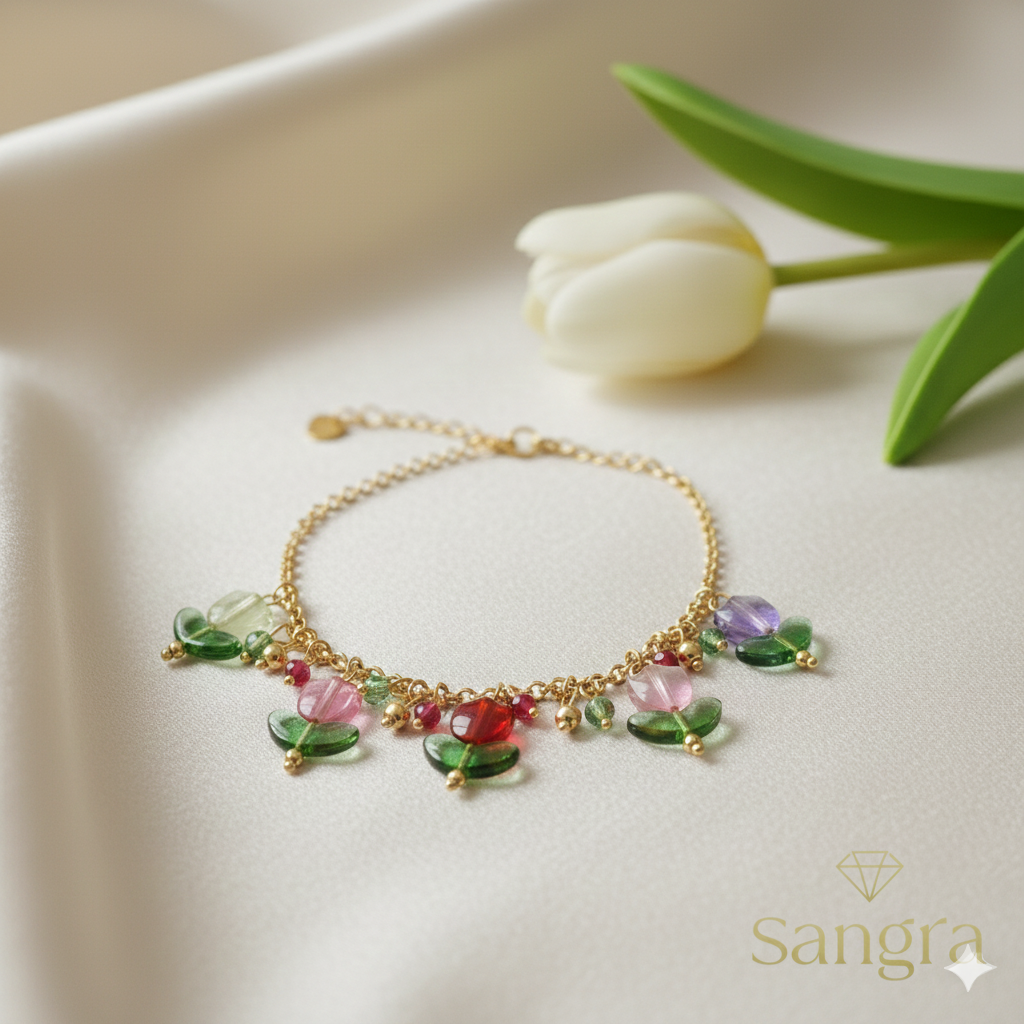 Bracciale Donna a Catena in Oro Giallo con Ciondoli Tulipano in Pietre Preziose Multicolore