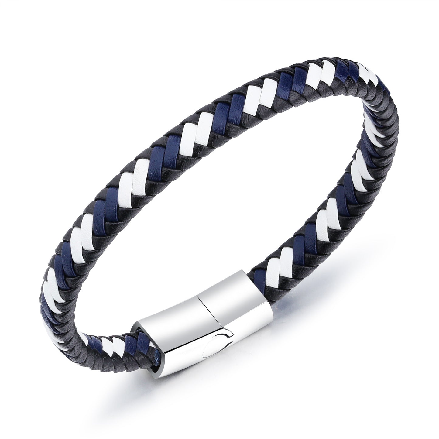 Bracciale Uomo Pelle Intrecciata Blu - Acciaio Inossidabile 20 cm