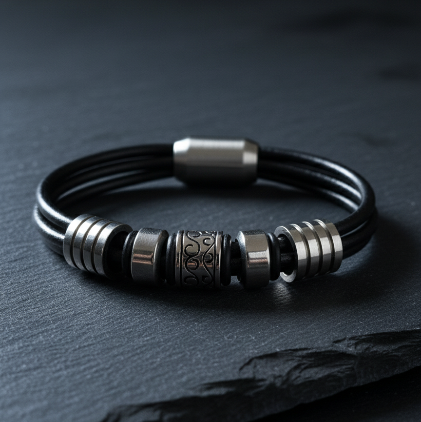 Bracciale Uomo in Pelle Nera e Acciaio Inossidabile - 20 cm